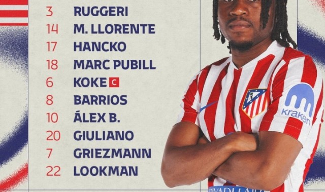 马竞首发：格列兹曼、科克领衔，小蜘蛛替补，新援卢克曼出战